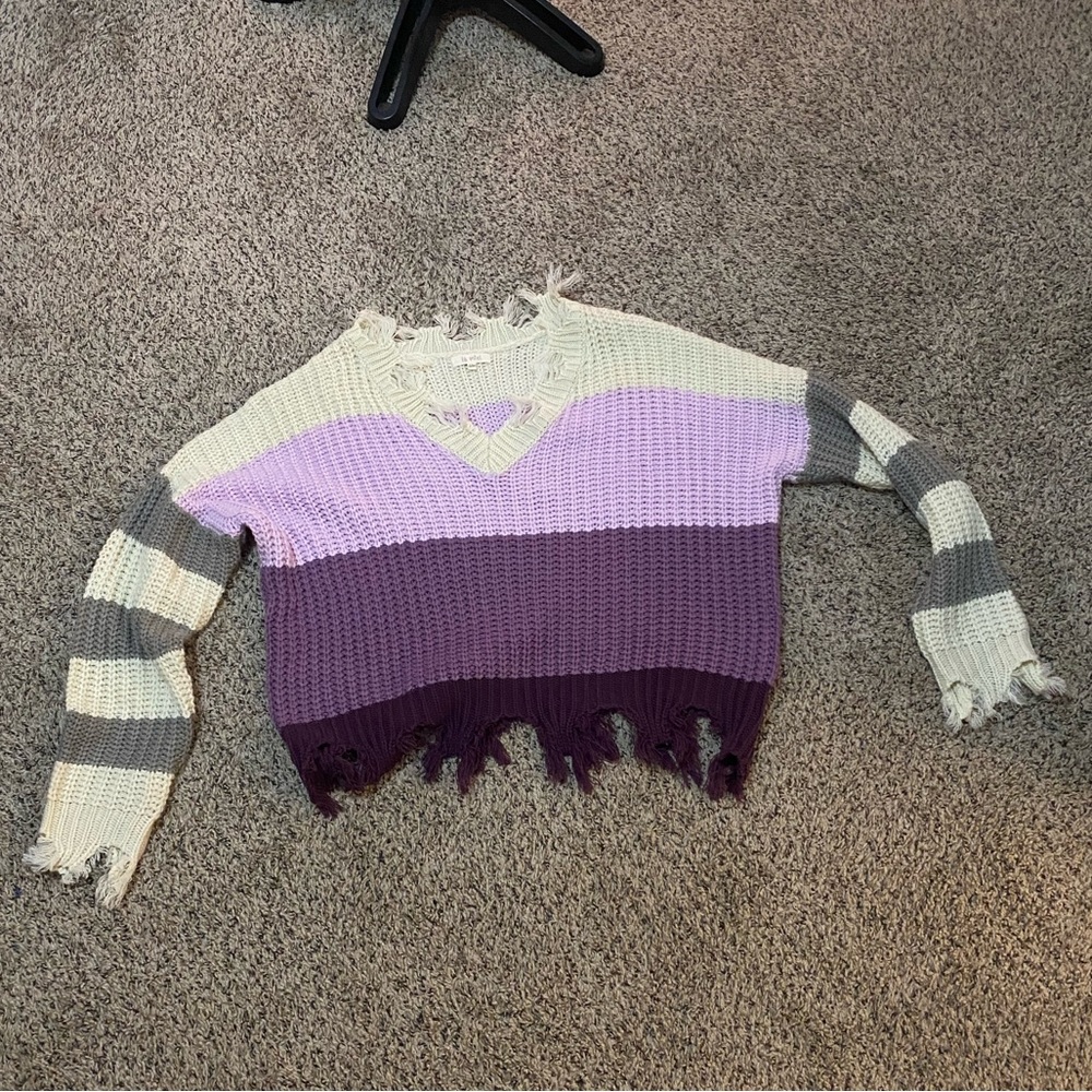 La Miel Sweater Womens Size Small/Med Colorblock Distressed Chunky Knit V Neck